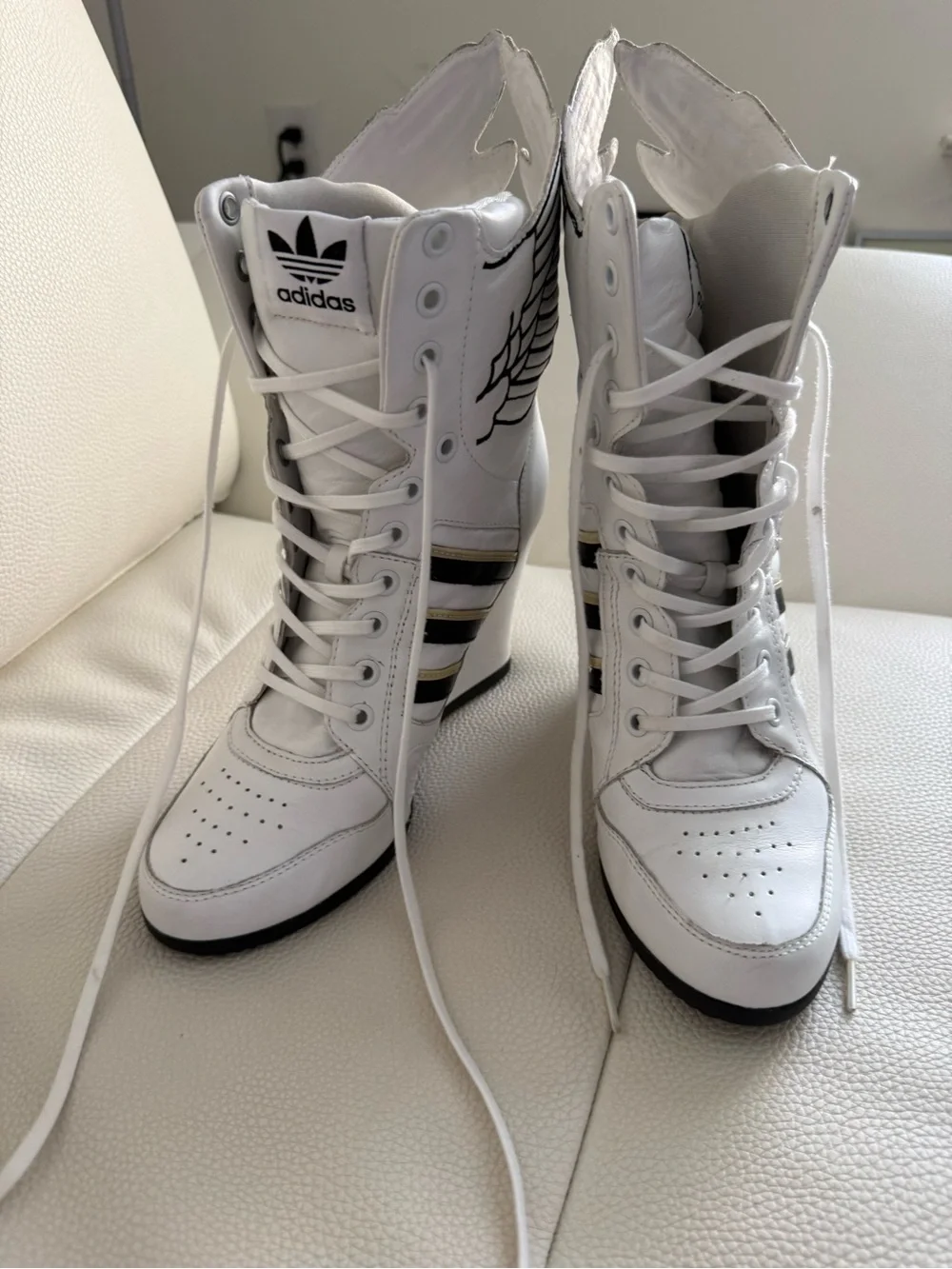 Jeremy Scott White Wedge Sneakers with Black and Gold Stripes and Wing Detail 10